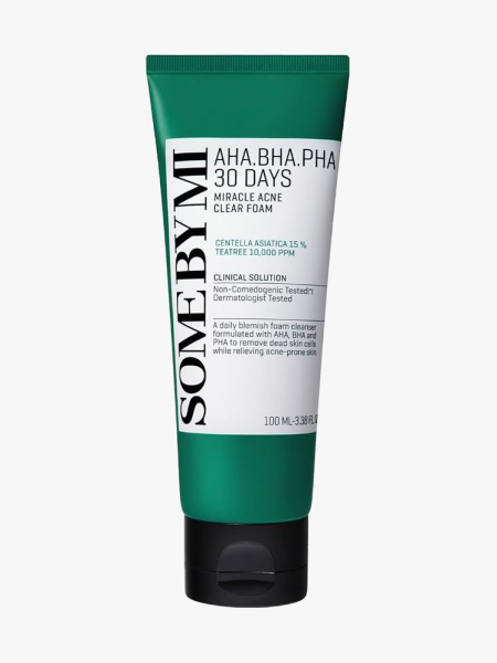 Some by Mi AHA BHA PHA 30 Days Miracle Acne Clear Foam in branded tube component on a light gray background