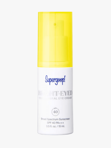 Supergoop! Bright-Eyed 100% Mineral Eye Cream SPF 40 in branded component on a light gray background